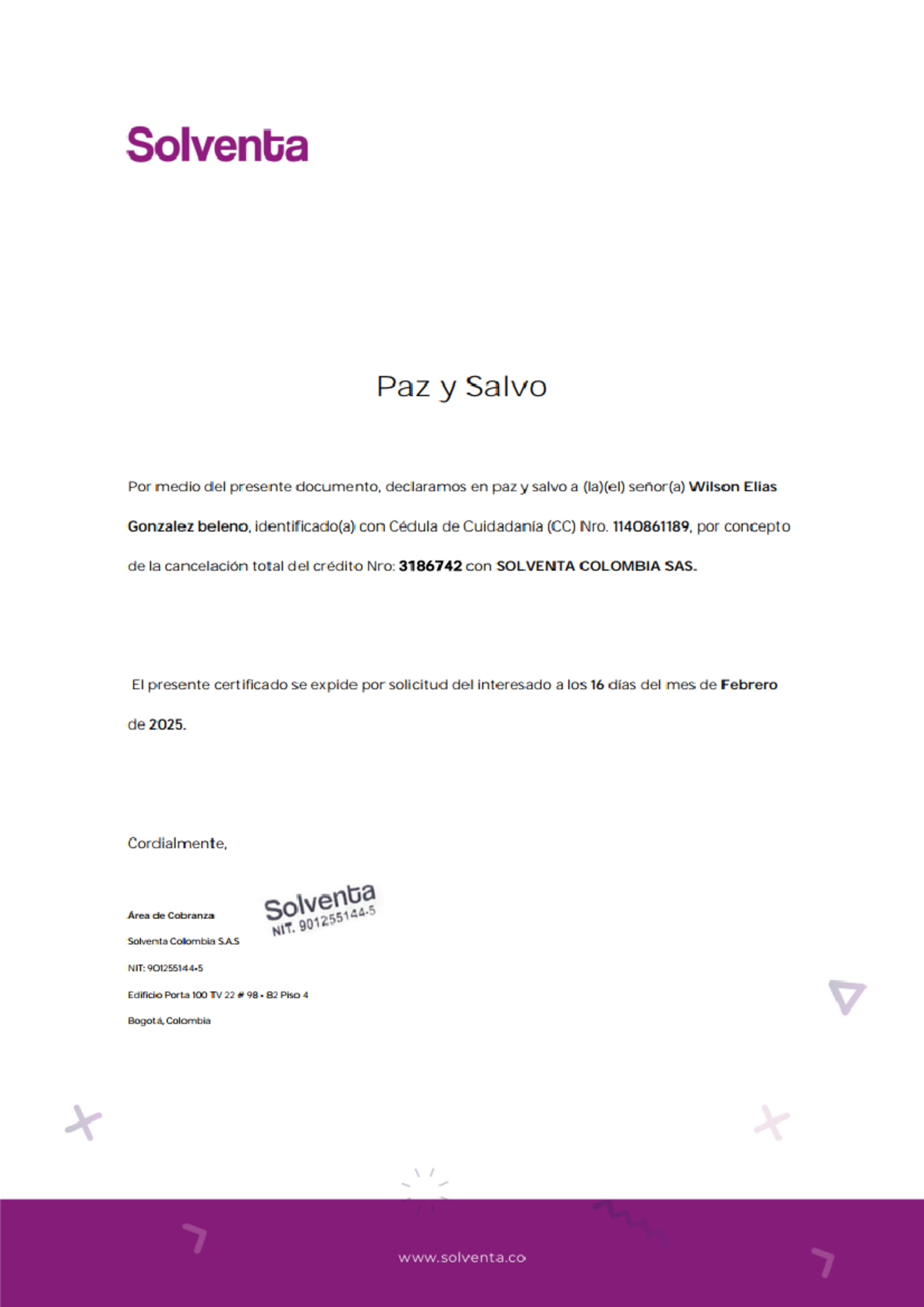 Certificado de Paz y Salvo - Solventa CC 1140861189 - Studocu