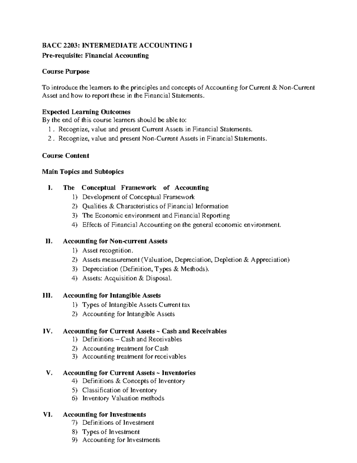 BACC 2203 Intermediate Accounting I - Detailed Course Outline - Studocu