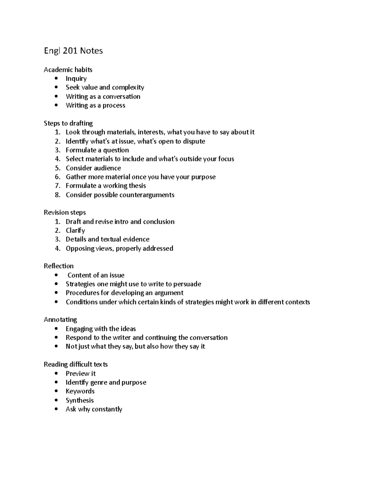 ENGL 201 Lecture Notes: Academic Habits & Writing Strategies - Studocu