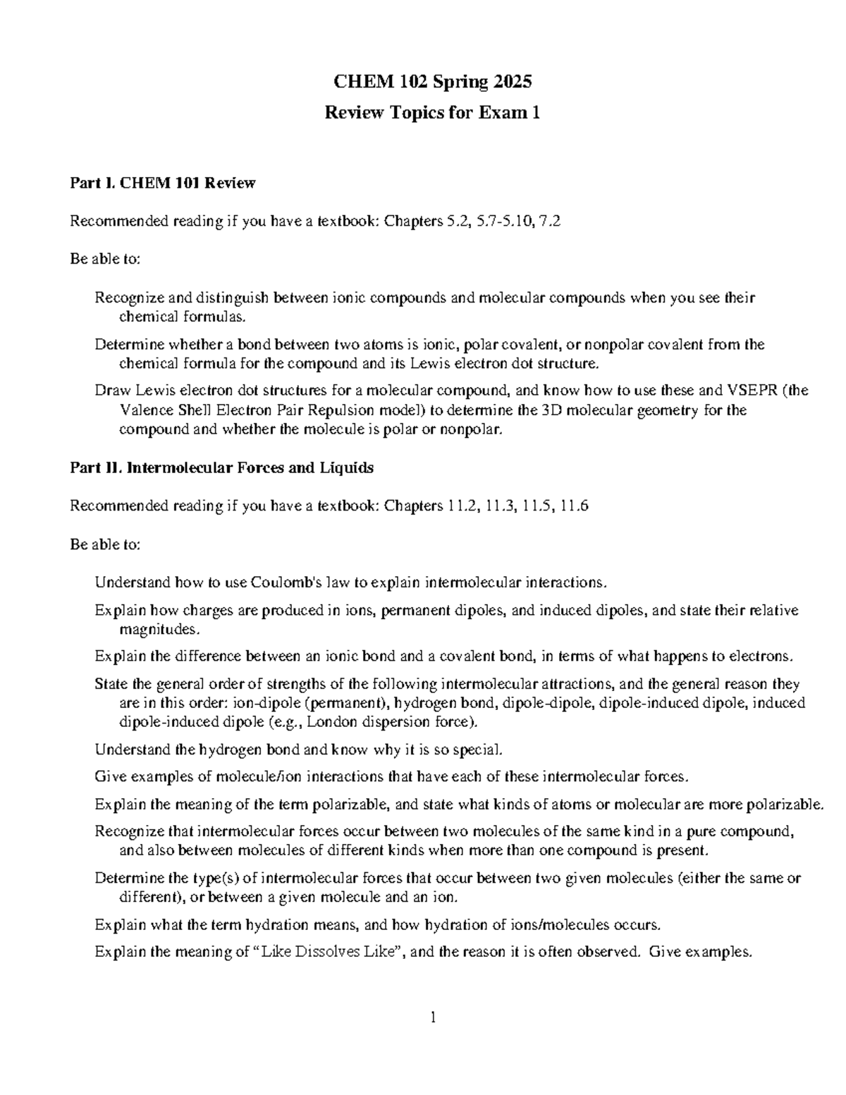 CHEM 102 Spring 2025 Comprehensive Review Topics for Exam 1 - Studocu