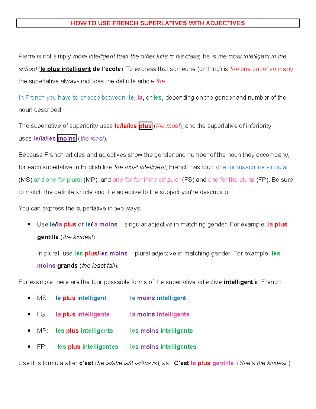 P.51 French Superlatives: Understanding Usage and Forms - Studocu