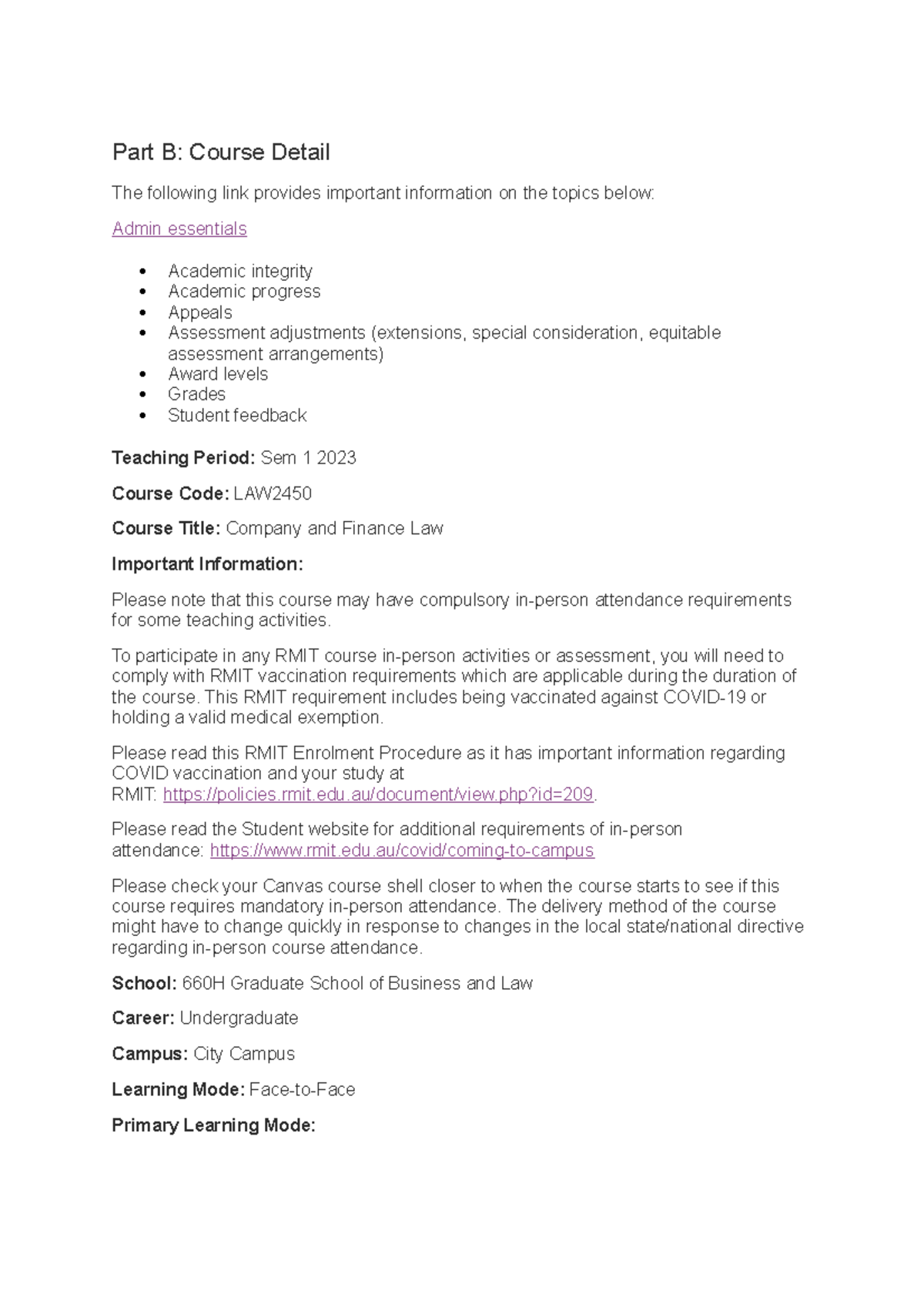 Part B 1.2023 Final - Law - Part B: Course Detail The following link ...