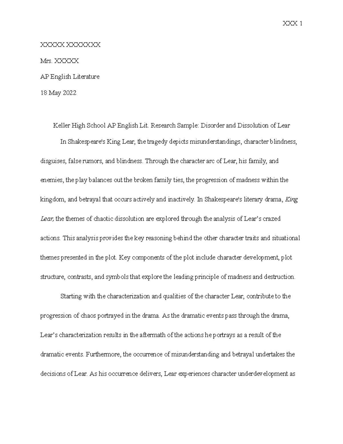 AP English IV Research Paper Sample Keller High School - XXXXX XXXXXXX ...