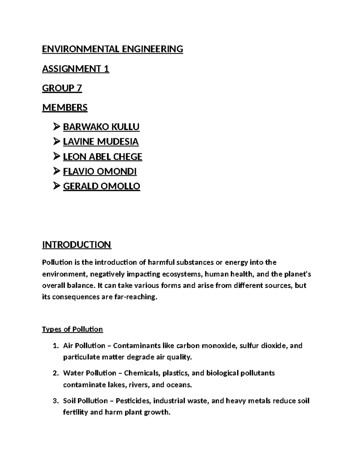 ENVIRONMENTAL ENGINEERING ASSIGNMENT 1: POLLUTION TYPES & PREVENTION ...