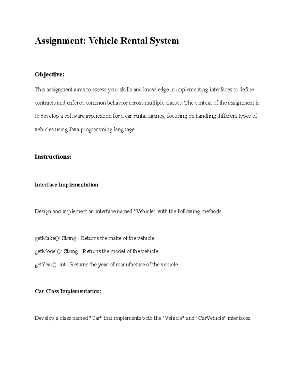 Vehicle Rental System Assignment 6 - Interface Implementation Guide ...