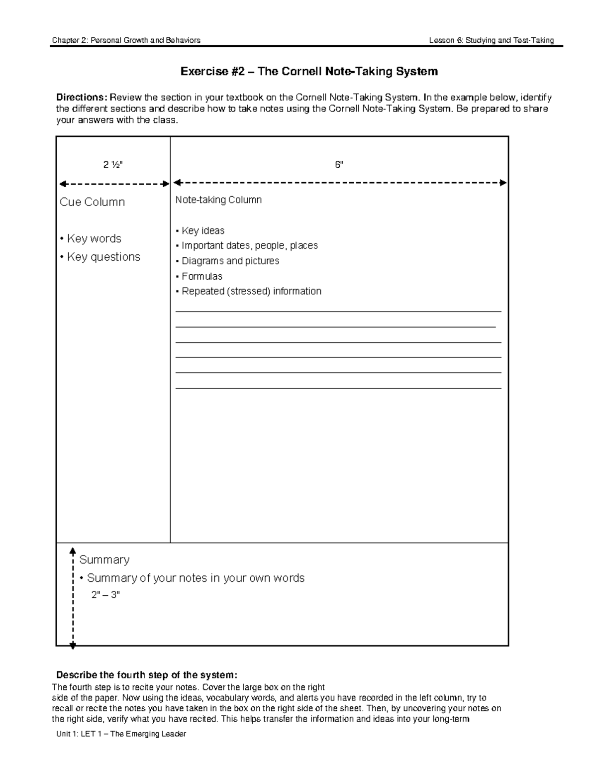 U1C2L6A2 Exercise 2 - Mastering the Cornell Note-Taking System - Studocu