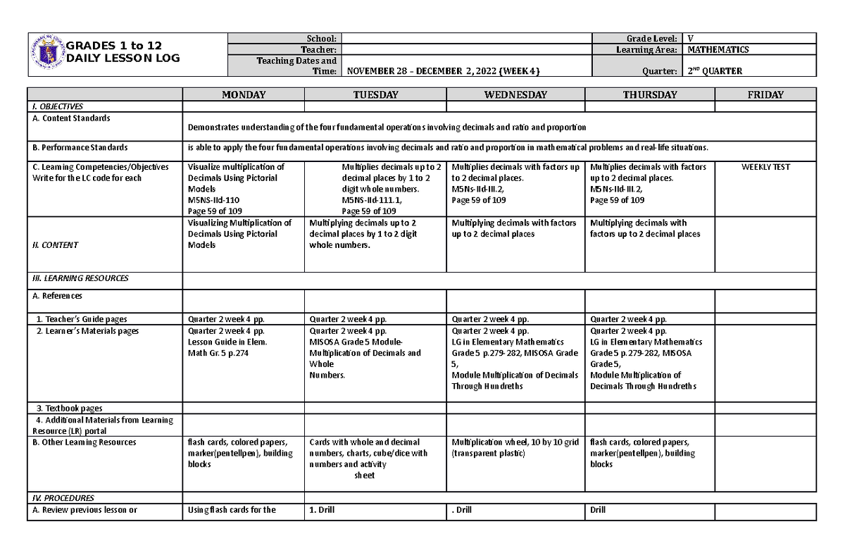 DLL Mathematics 5 Q2 W4 - Lesson Plan for Decimals - Studocu