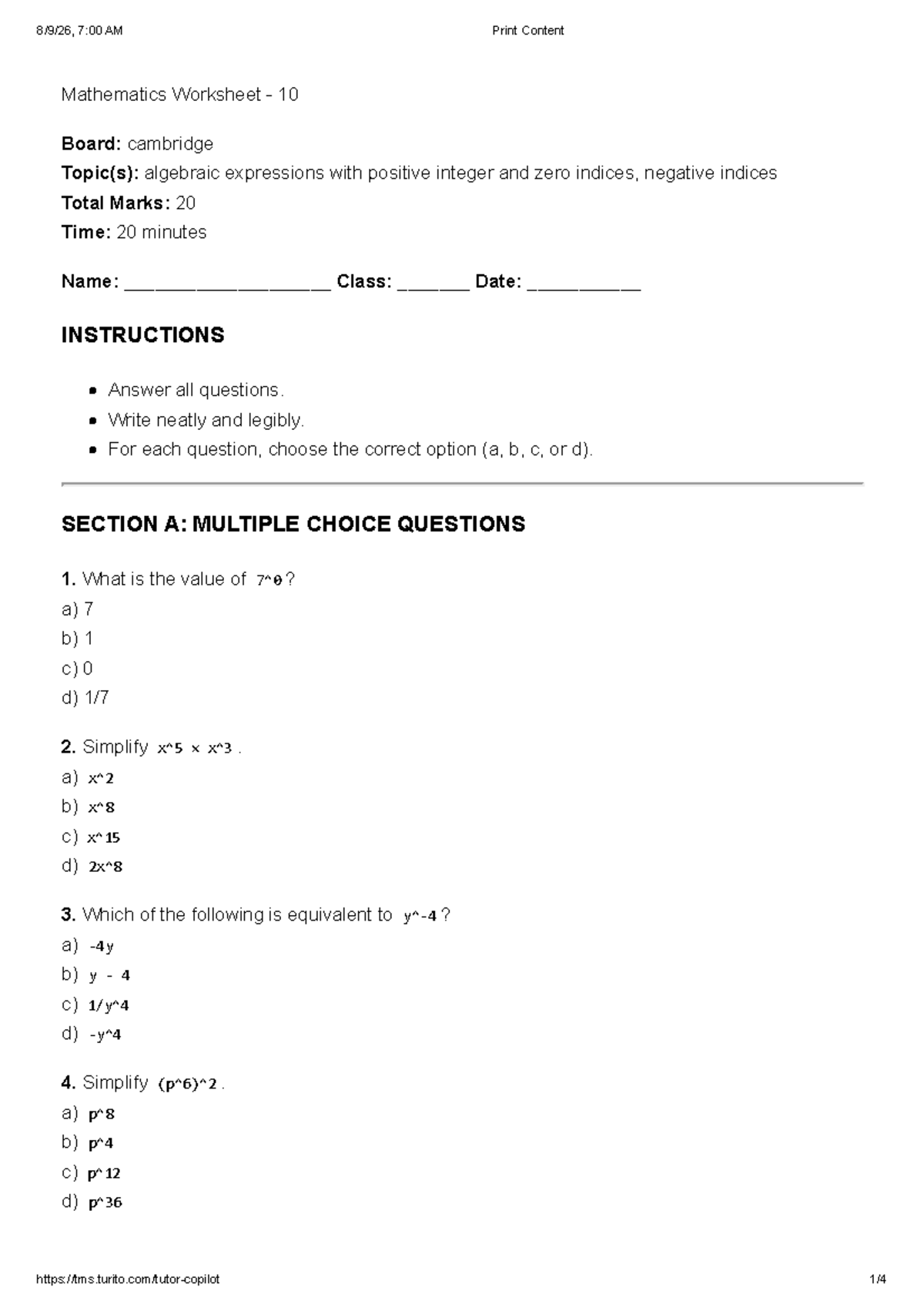 Mathematics Worksheet 10: Indices & Algebraic Expressions - Studocu