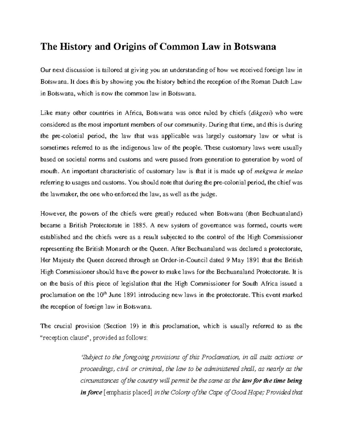 Law 251 Notes: History and Structure of Common Law in Botswana - Studocu