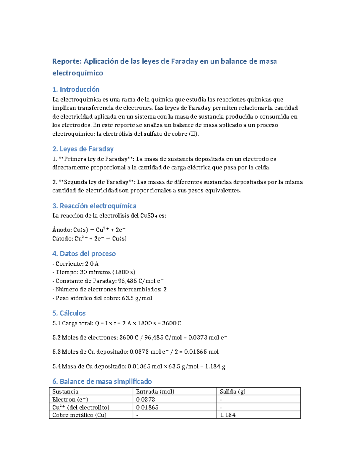 Reporte: Leyes de Faraday y Balance de Masa en Electroquímica - Studocu