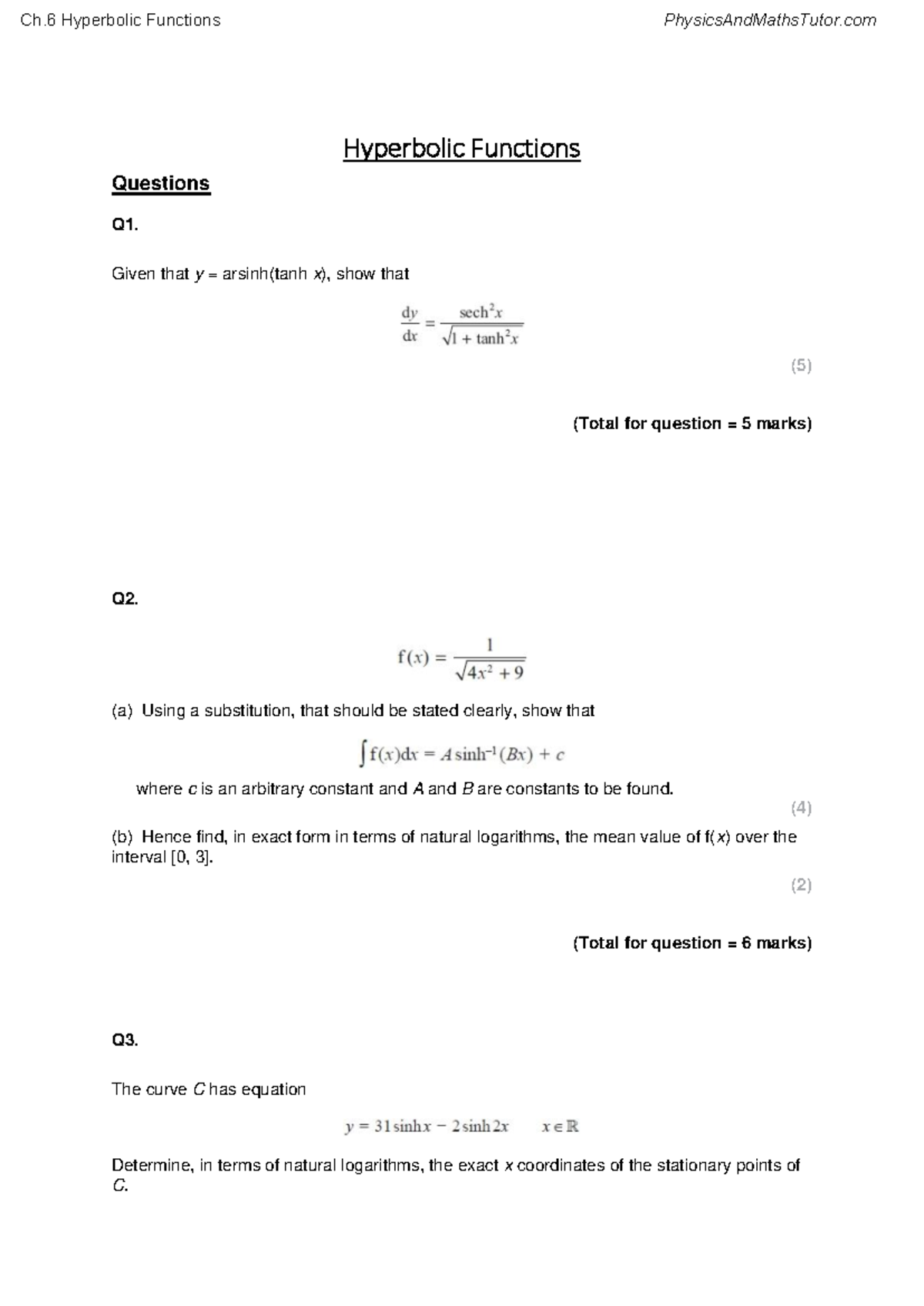 Ch.6 Hyperbolic Functions: Detailed Study Questions and Solutions - Studocu