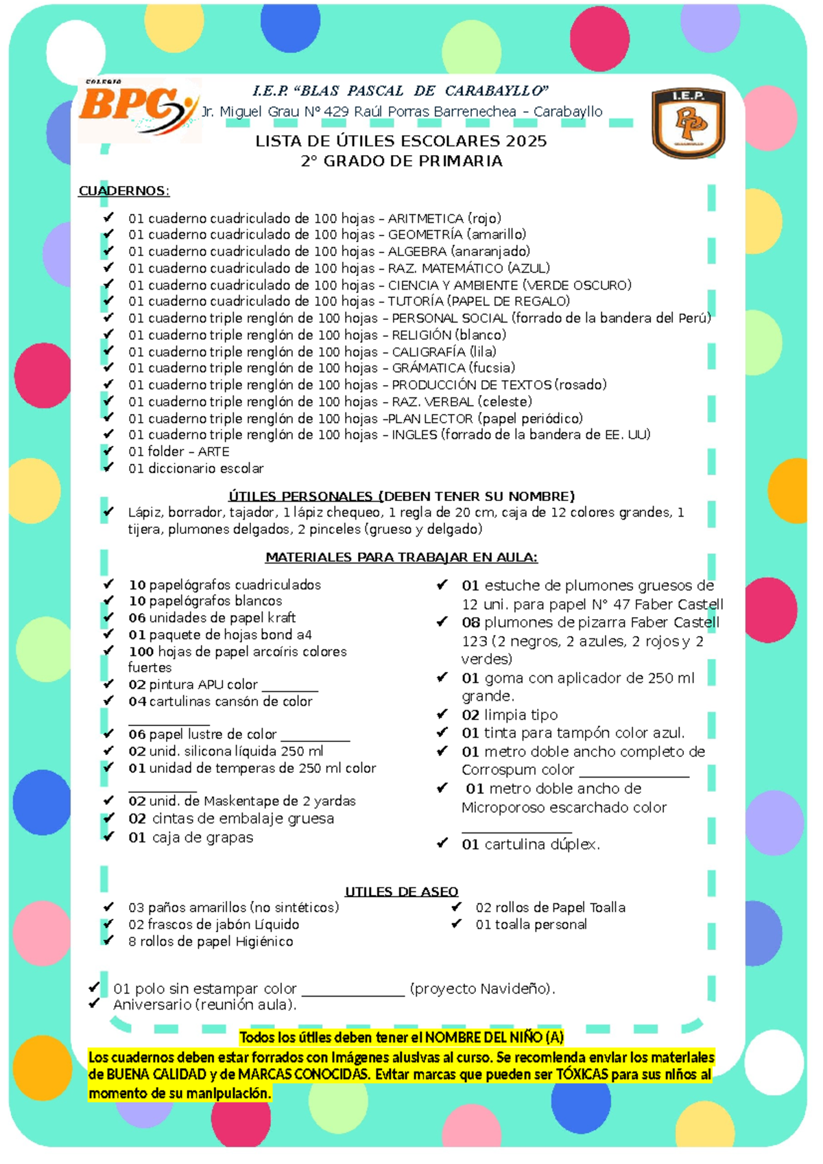 Lista de Útiles Escolares 2025 - 2DO Grado de Primaria - Studocu