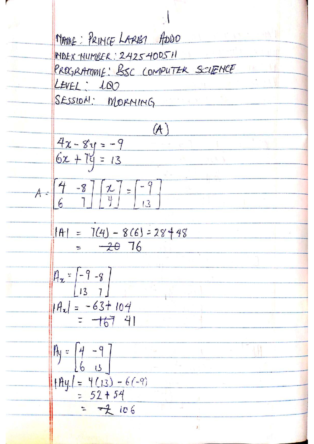 BSC CS 100 Morning: Inverse Method & Cramer's Rule Notes - Studocu