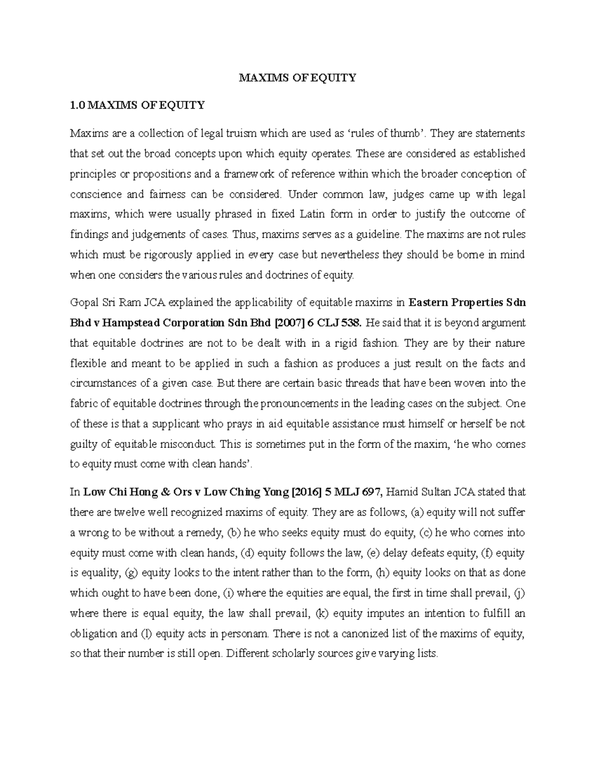 Maxims of Equity - Principles and Applications (CL) - Studocu