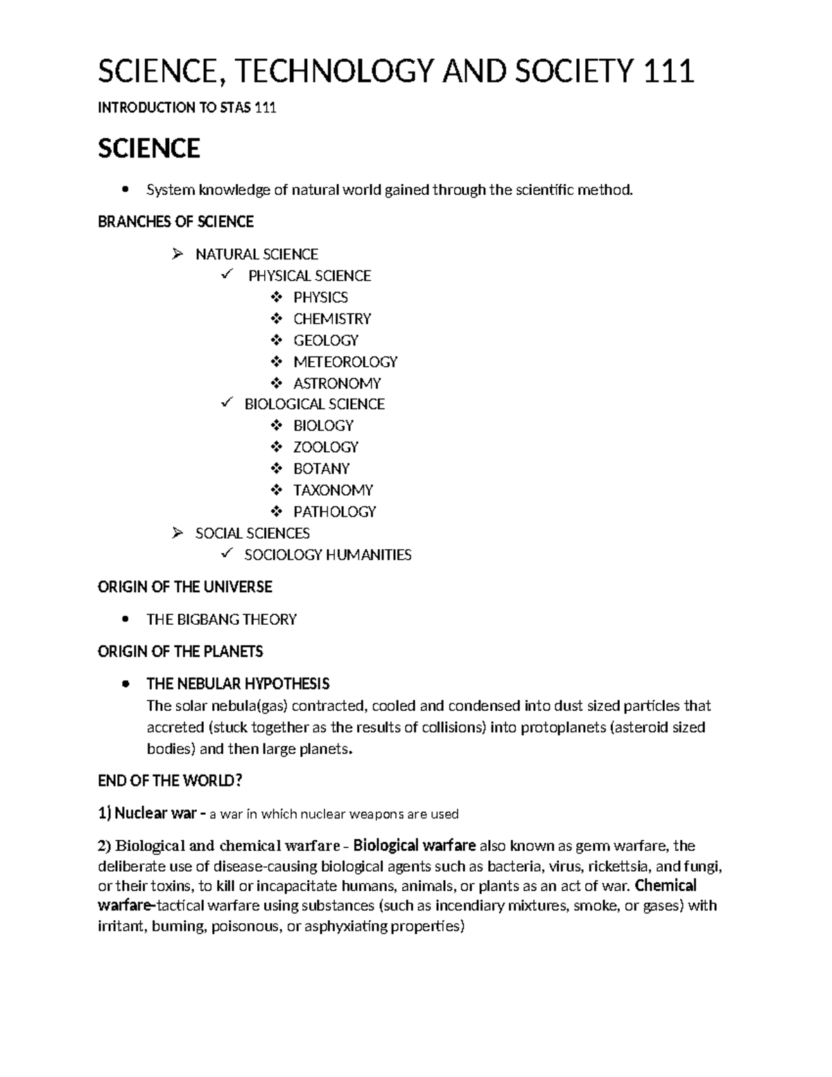 Introduction to STAS 111: Key Concepts in Science and Civilization ...