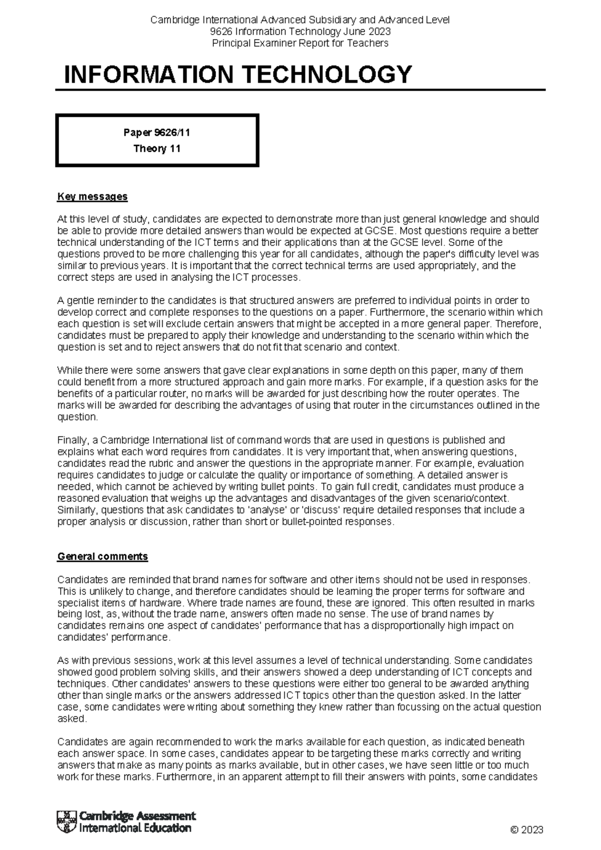 Cambridge International A Level 9626 Information Technology June 2023 ...