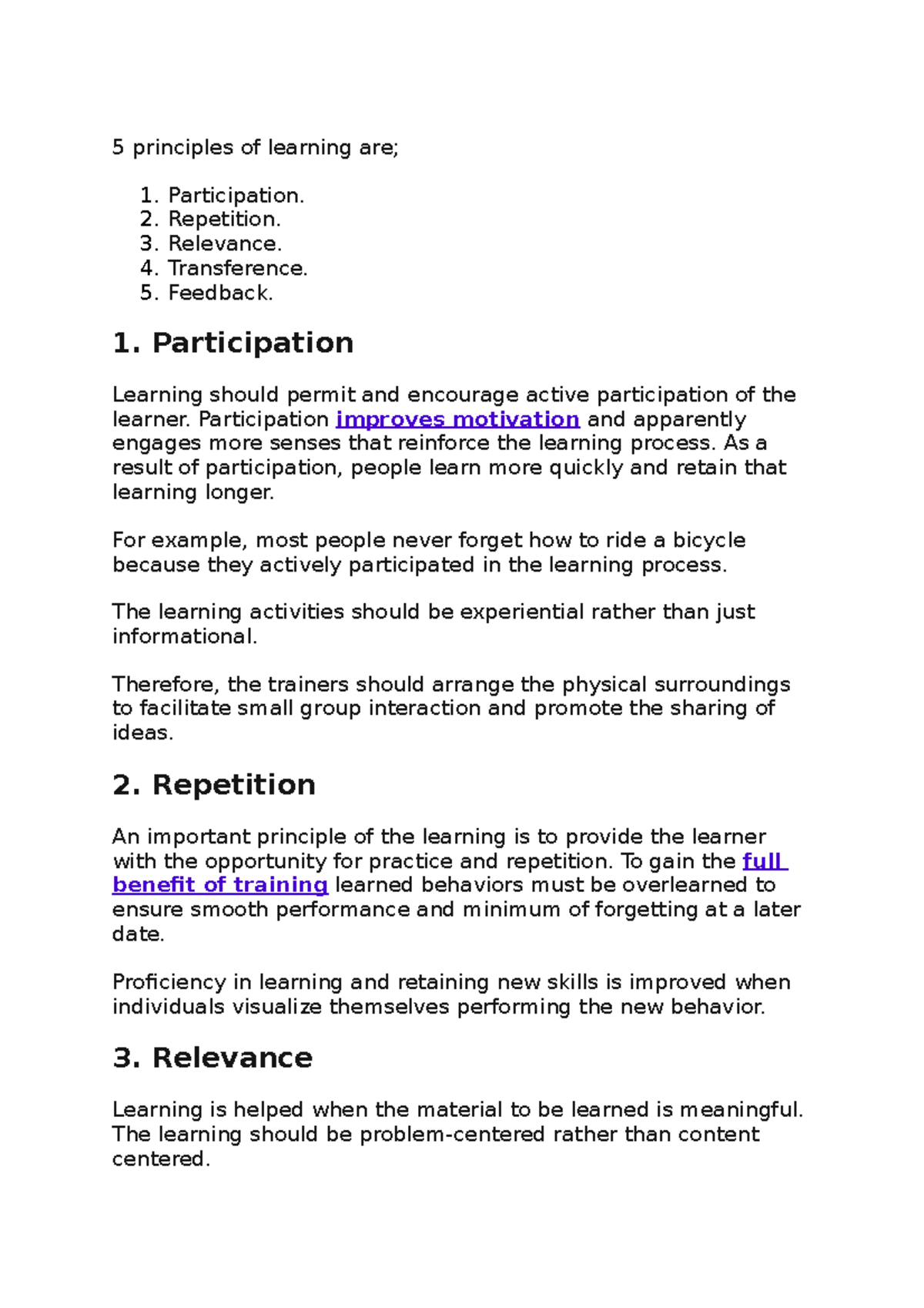 5 Key Principles of Learning: Participation, Repetition, and More - Studocu