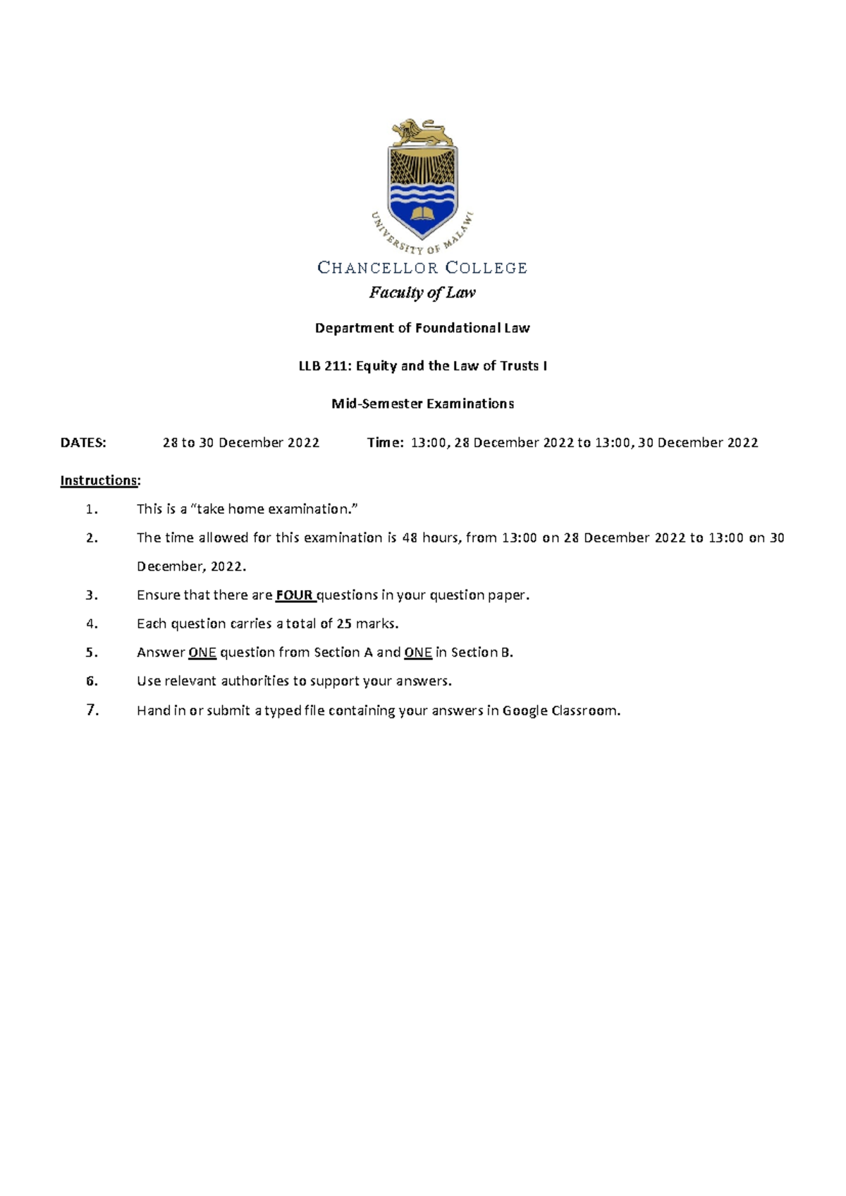 2022 LLB 211 Final Exam: Equity and the Law of Trusts I - Studocu
