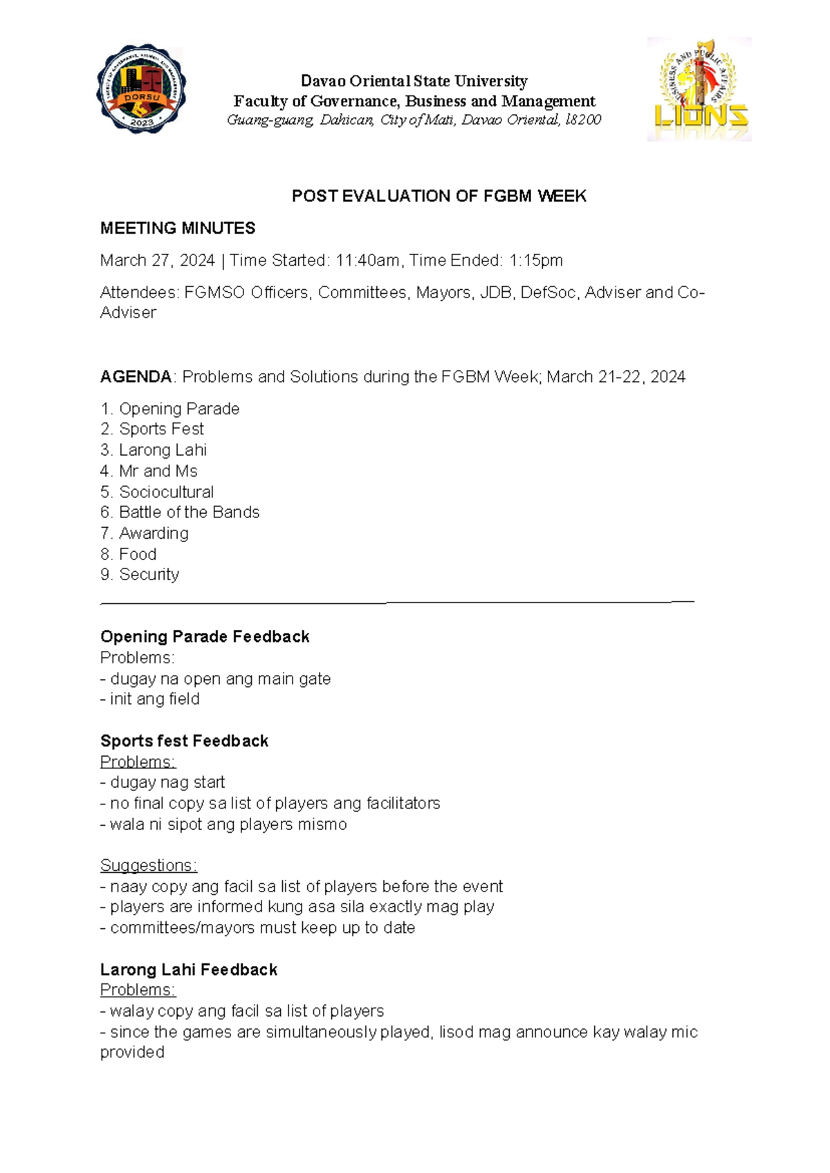 Minutes - POST Evaluation OF FGBM WEEK - Faculty of Governance ...