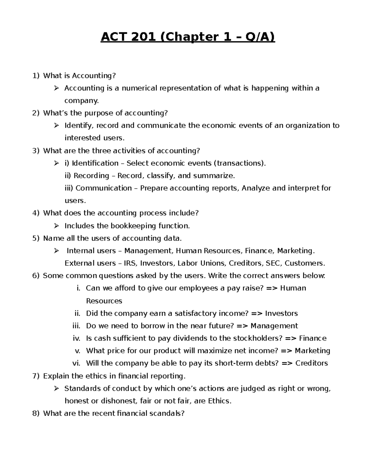 ACT 201 Chapter 1 Q&A: Key Concepts and Accounting Principles - Studocu