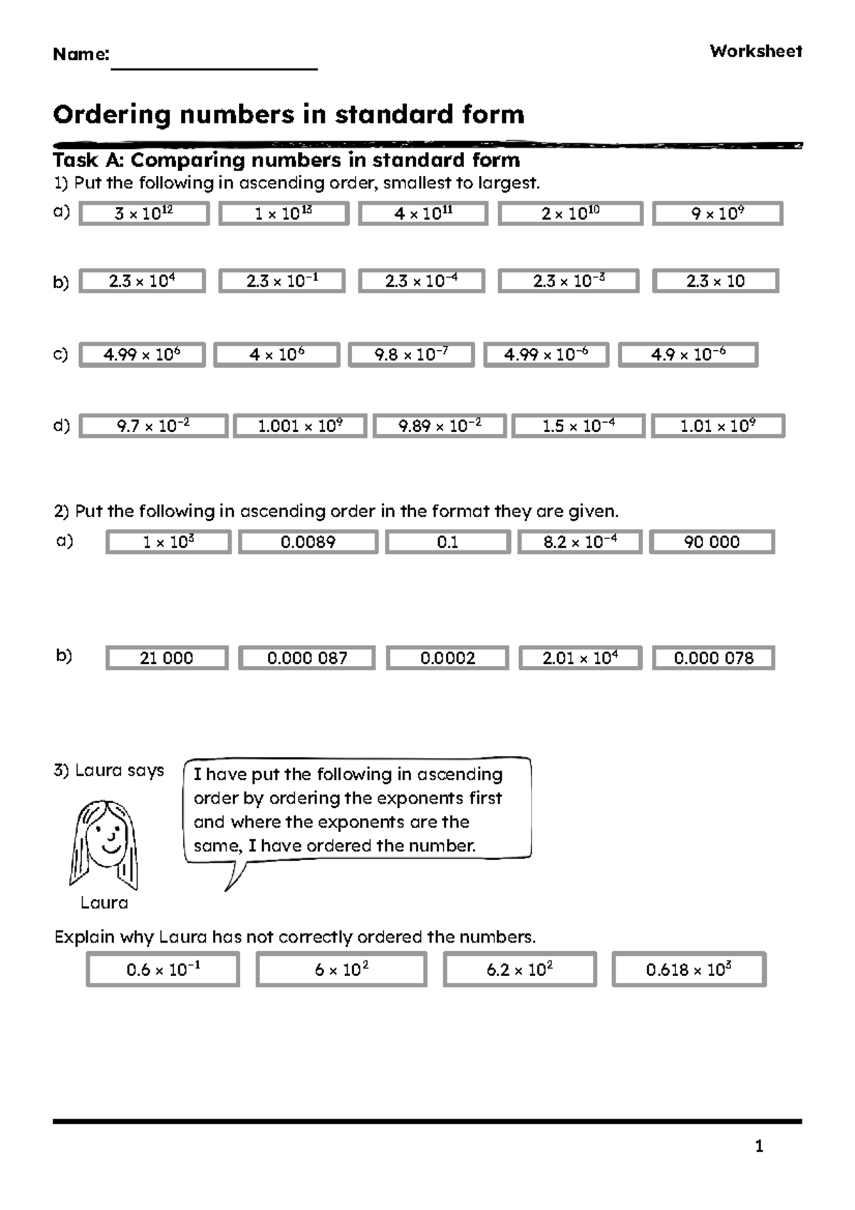 Worksheet - Ordering Numbers in Standard Form (Class Work) - Studocu