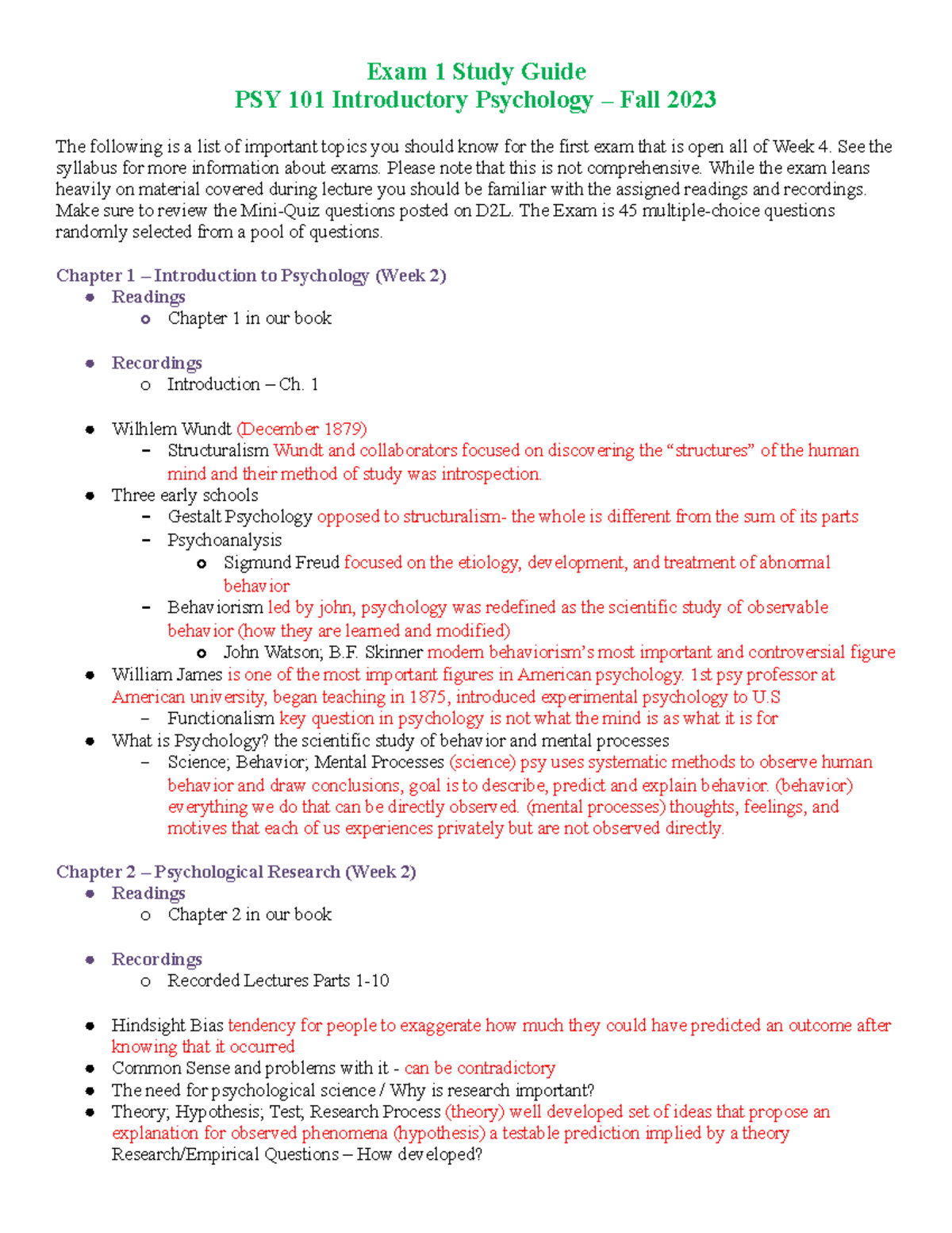 PSY 101 Week 4 Exam 1 Study Guide - Key Topics Overview - Studocu