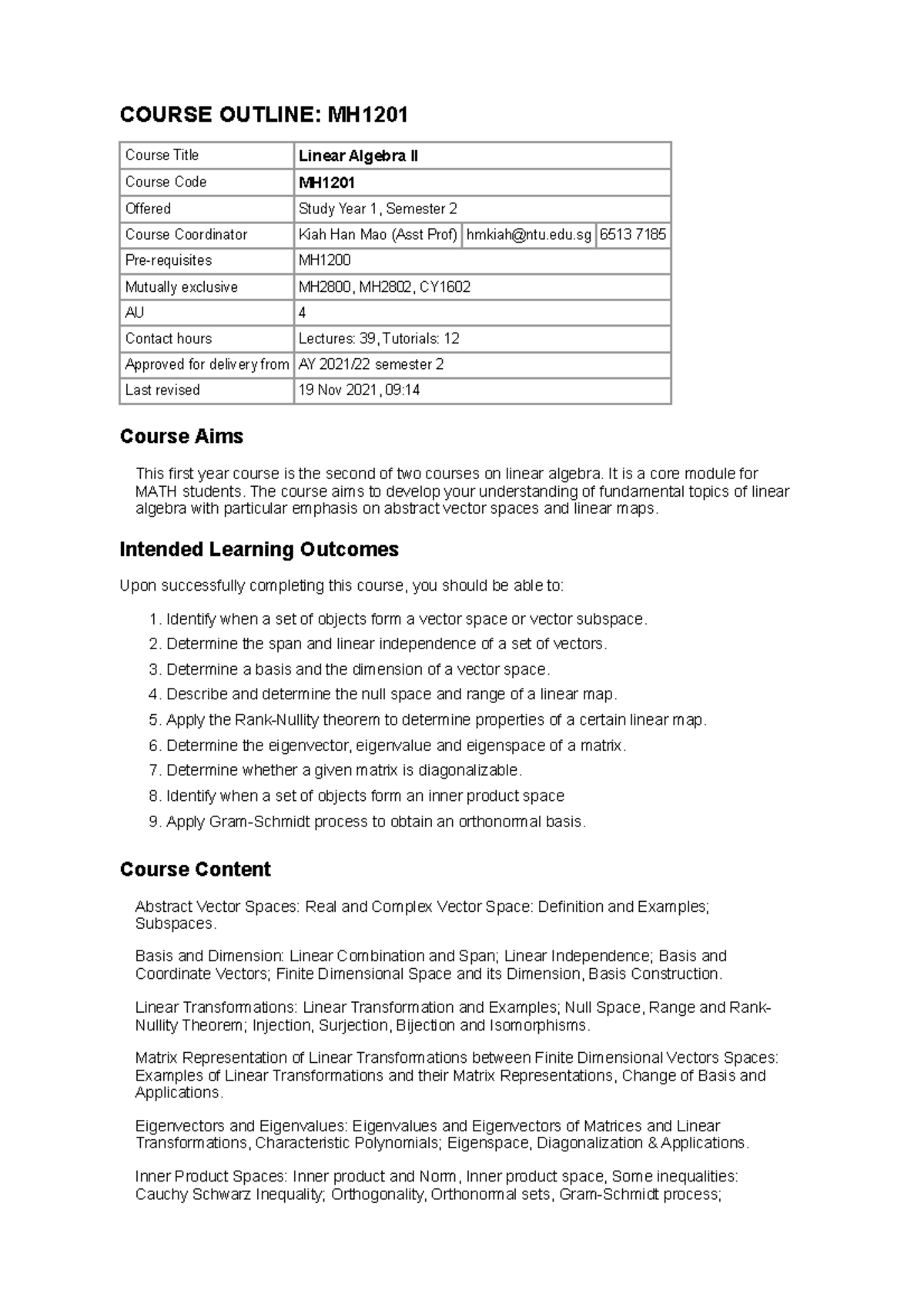 MH1201 Linear Algebra II Course Outline and Learning Outcomes - Studocu