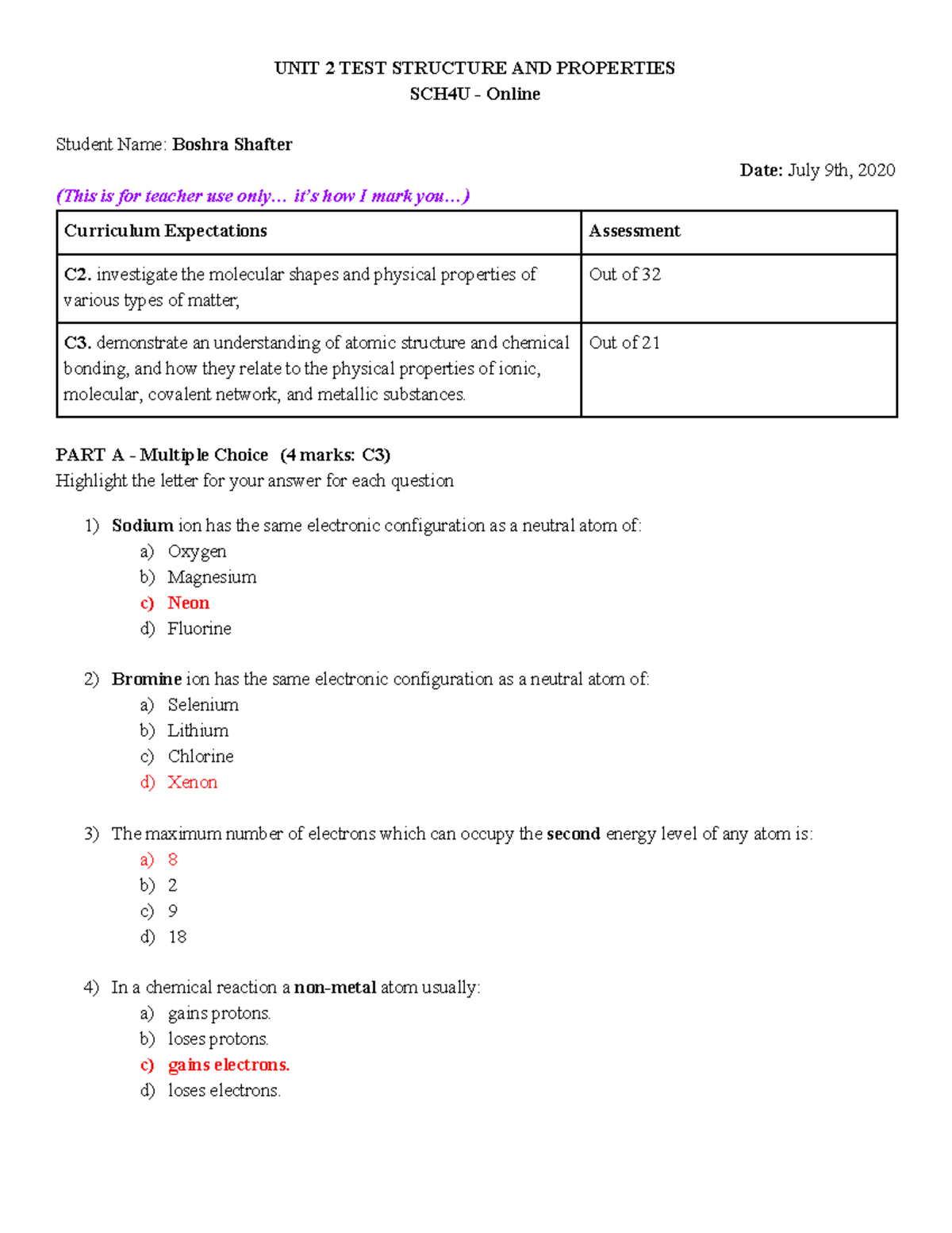 SCH 4U Midterm Test: Structure and Properties of Matter - Studocu