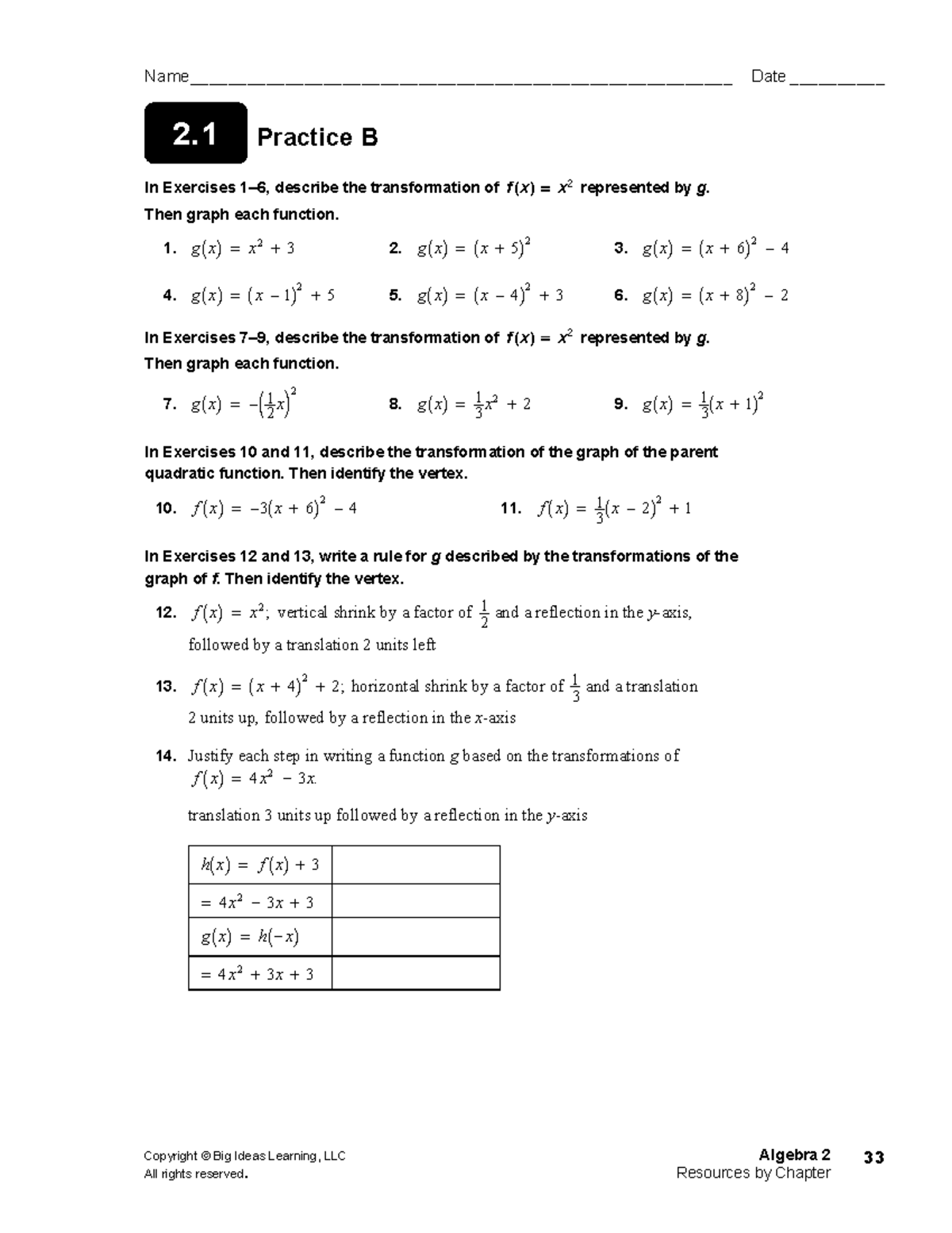 Hw 2-1b - math - Copyright © Big Ideas Learning, LLC Algebra 2 All ...