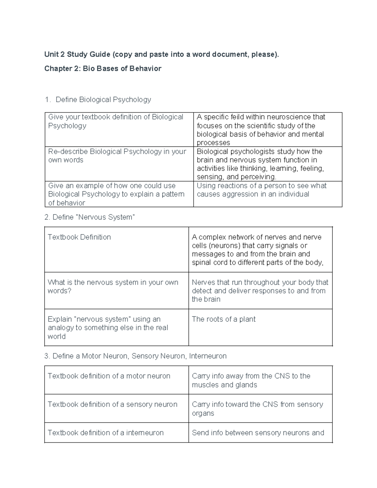 2024 PSY 101 Unit 2 Study Guide: Biological Bases of Behavior - Studocu