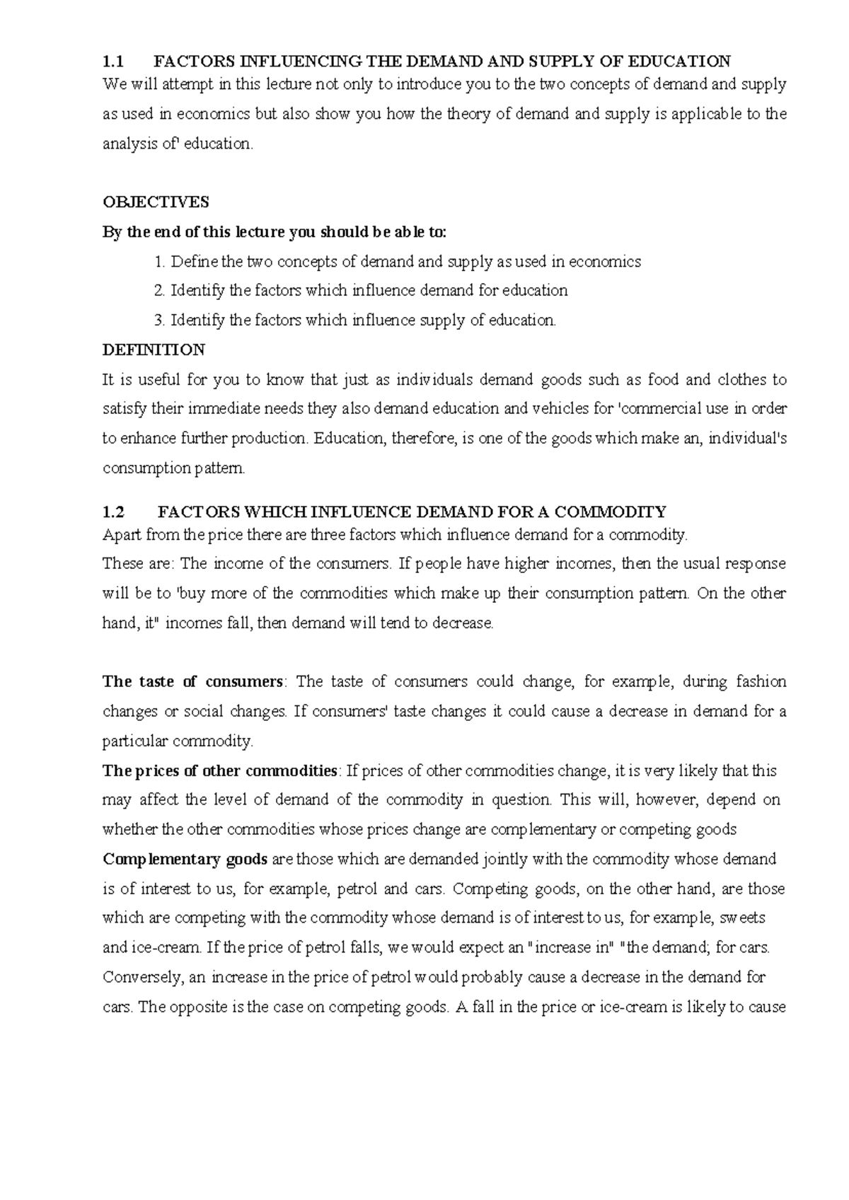 1.1 Factors Influencing Demand and Supply of Education - Lecture Notes ...