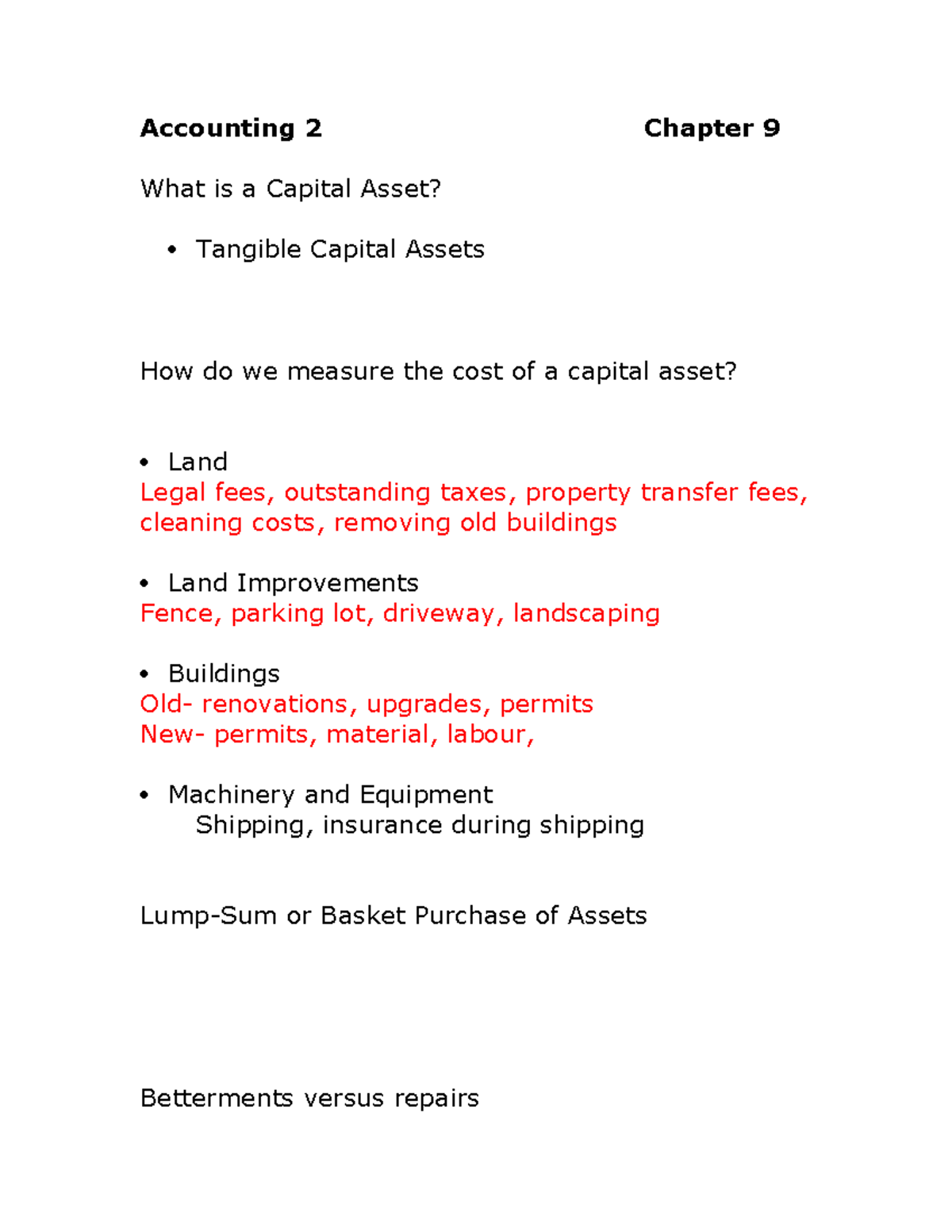 Accounting 2: Ch 9 - Capital Assets & Their Measurement Notes - Studocu