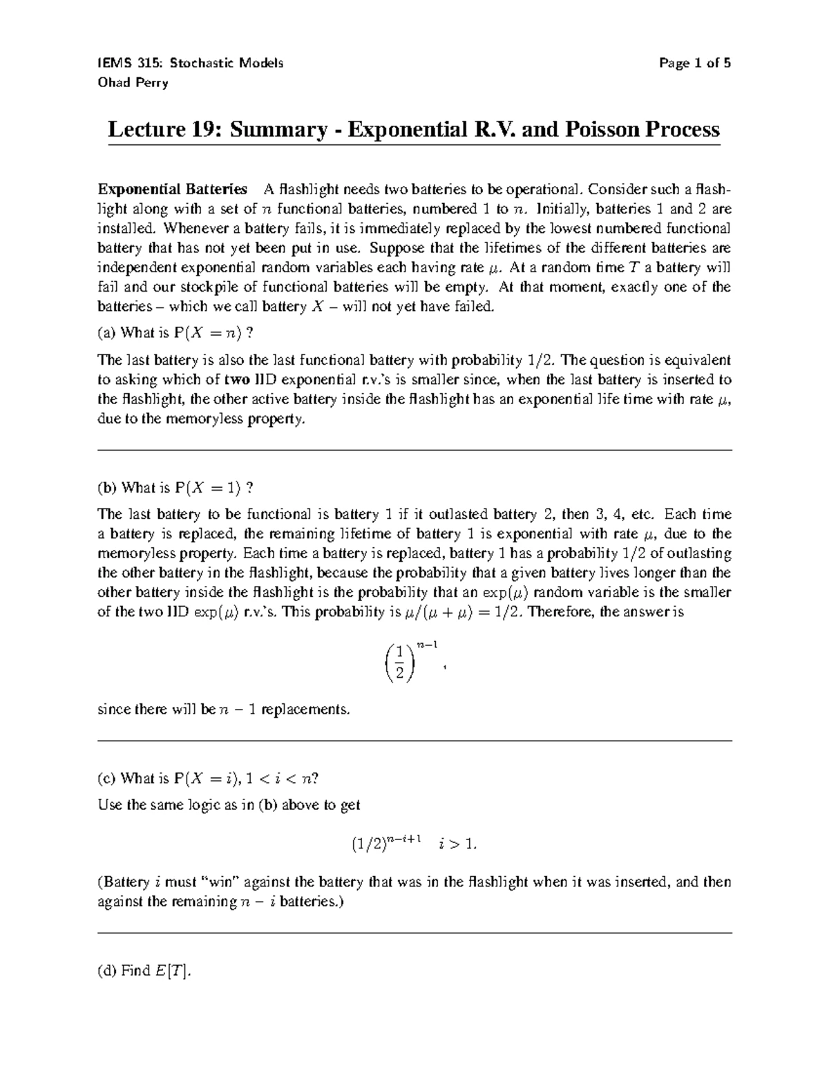 315-Lec4 - Lecture notes 4 - IEMS 315: Stochastic Models and Simulation ...