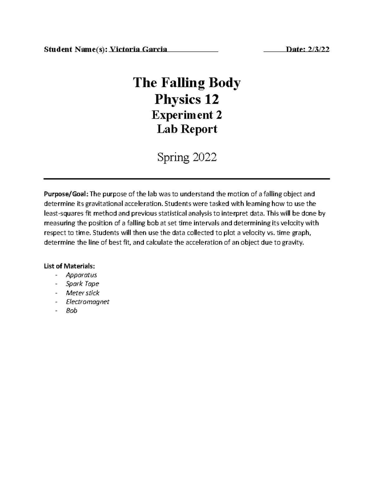 Falling Body Lab Report - PHY 012 - Experiment 2 Analysis and Results ...