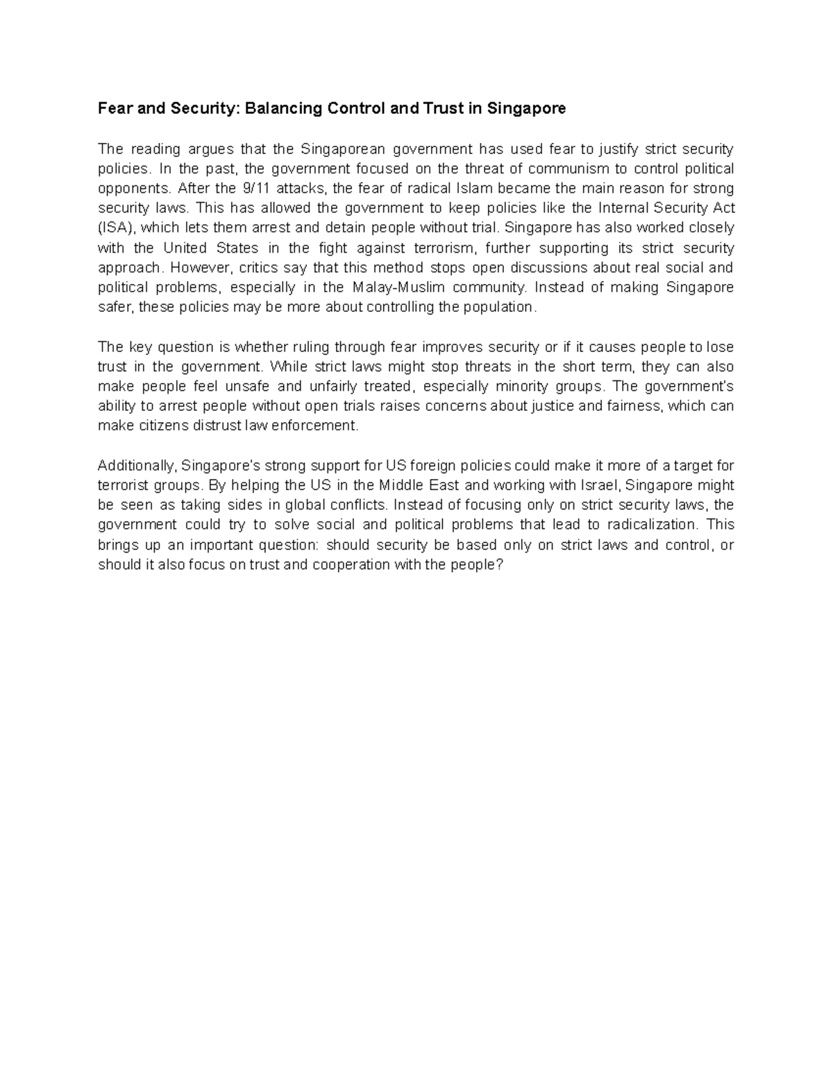 Balancing fear and trust in Singapore's security policies: D40 Security ...