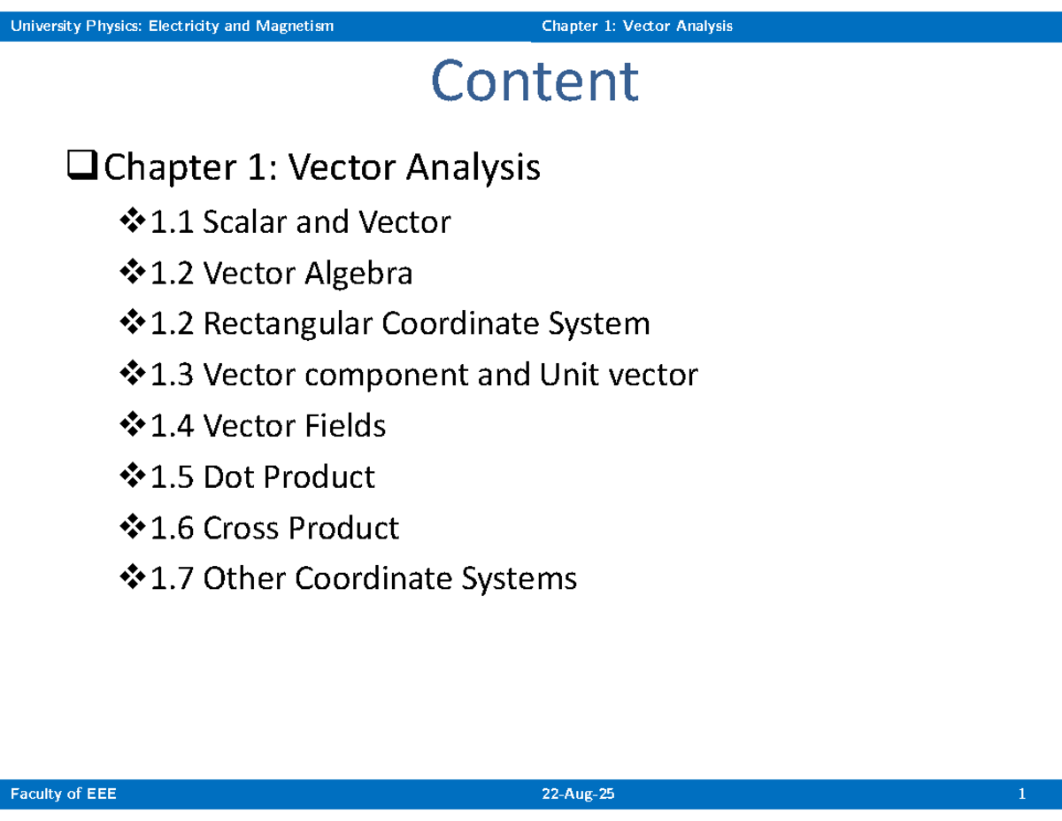 University Physics: Electricity and Magnetism Ch01 - Vector Analysis ...