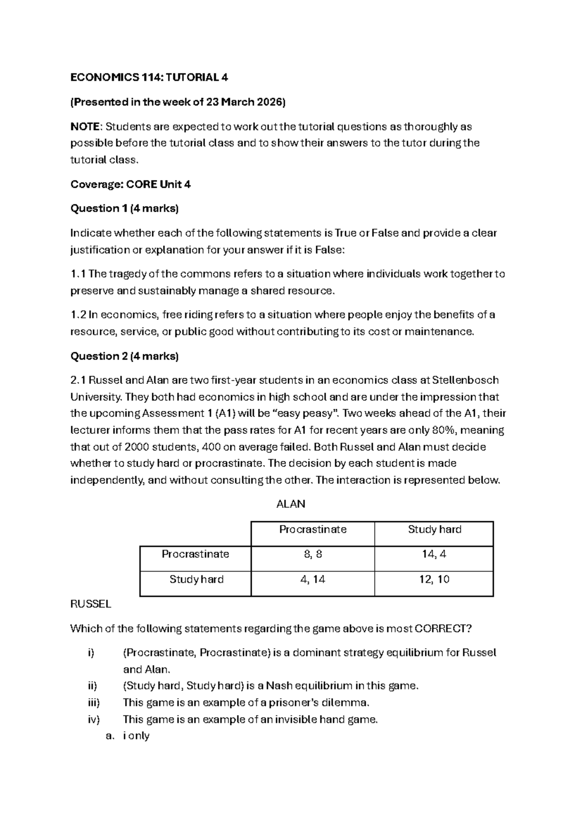 ECONOMICS 114: TUTORIAL 4 PROBLEM SET PRACTICE MATERIAL - Studocu