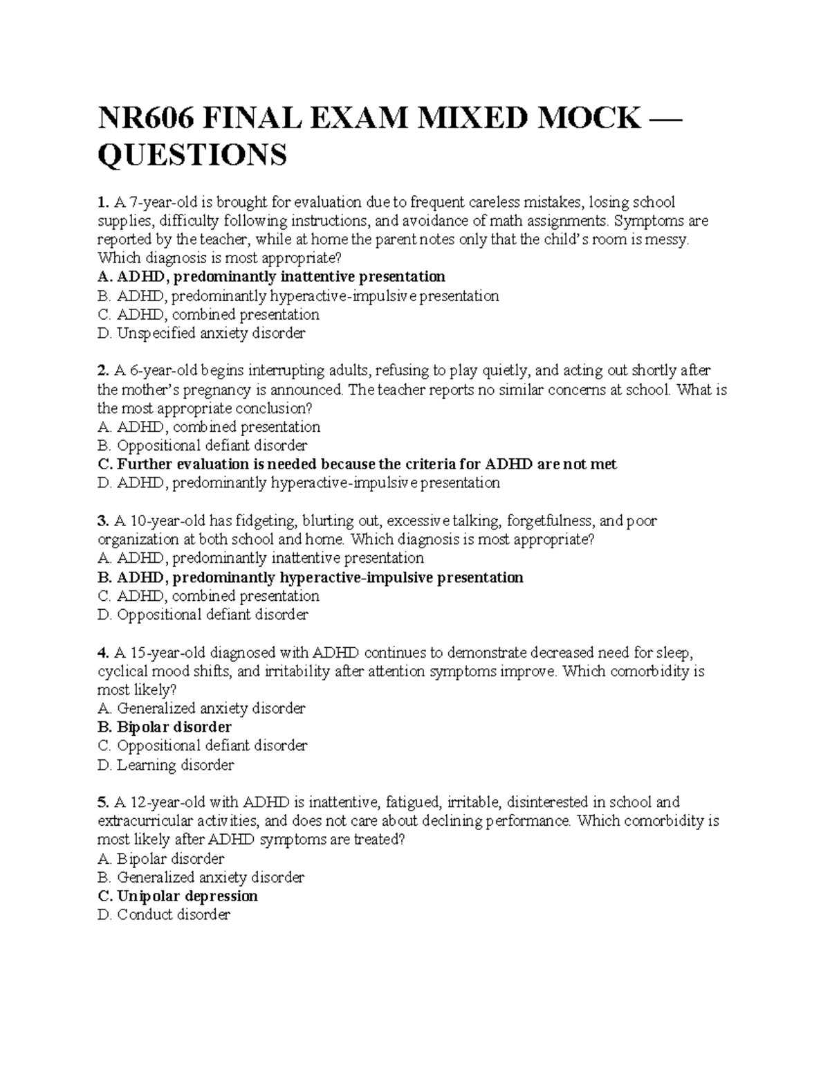 NR606 FINAL EXAM MOCK QUESTIONS ON ADHD AND RELATED DISORDERS - Studocu