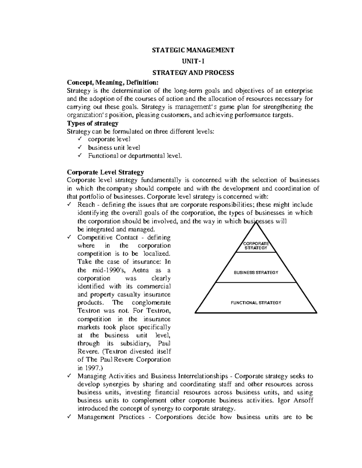 Strategic Management UNIT 1 NGC - CORPORATE STRATEGY BUSINESS STRATEGY ...