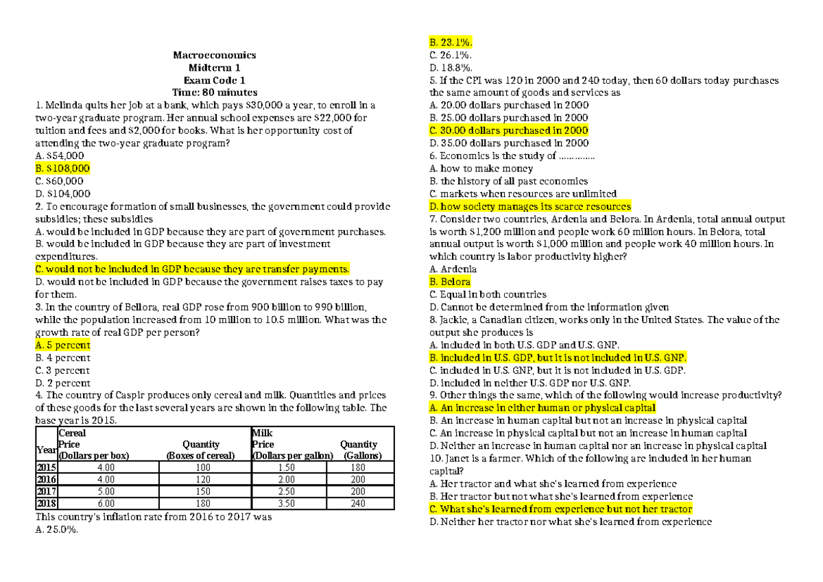 Macroeconomics Midterm 1 Exam Code 1: Key Concepts and Questions - Studocu