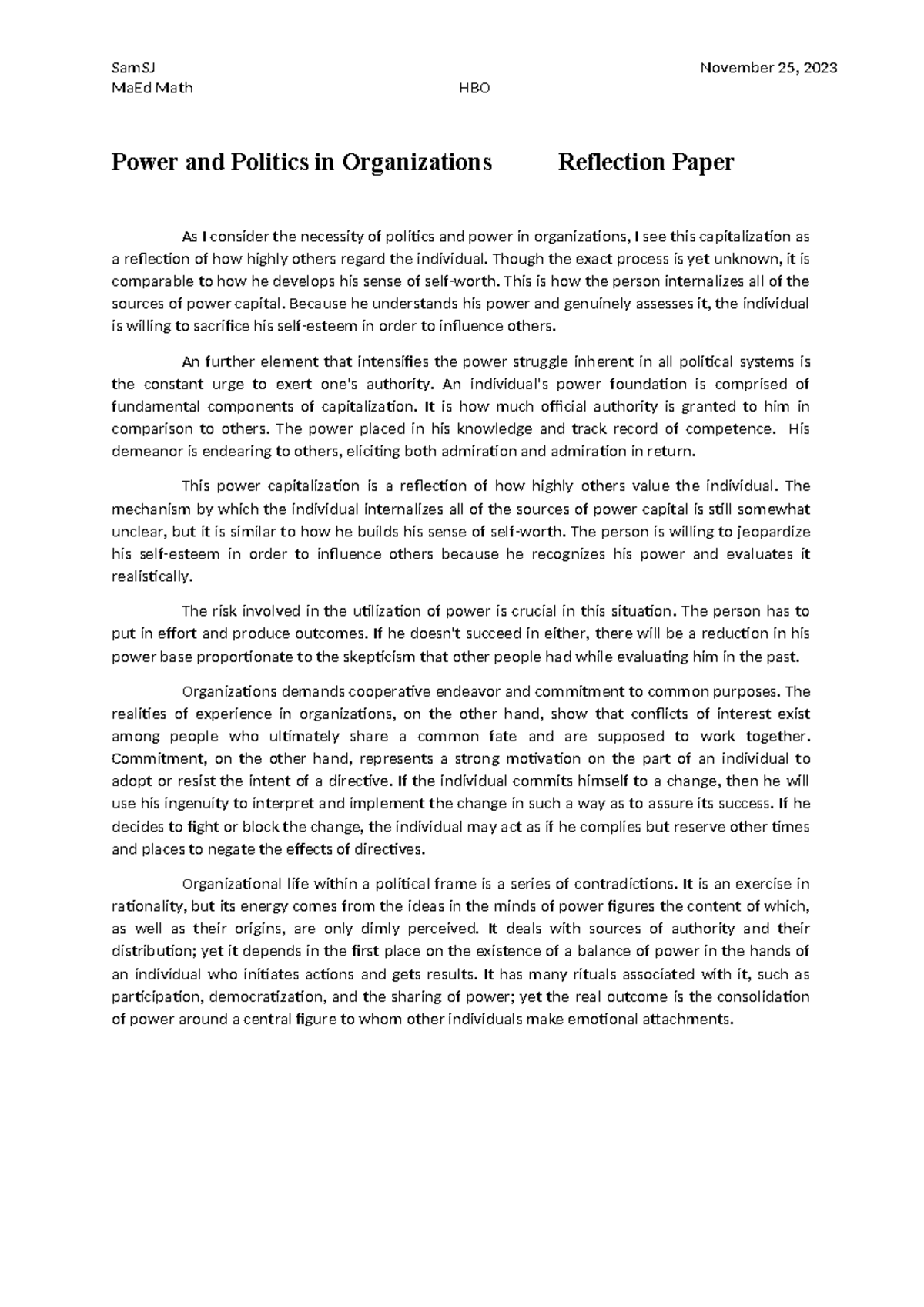 Power and Politics in Organizations: Reflection - MaEd Math HBO - Studocu