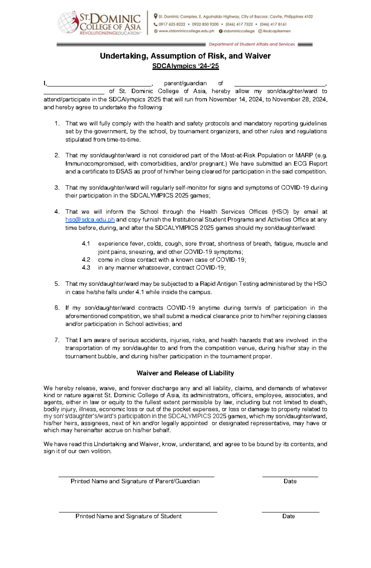 SDCA 2024-2025 Waiver and Assumption of Risk for SDCAlympics - Studocu