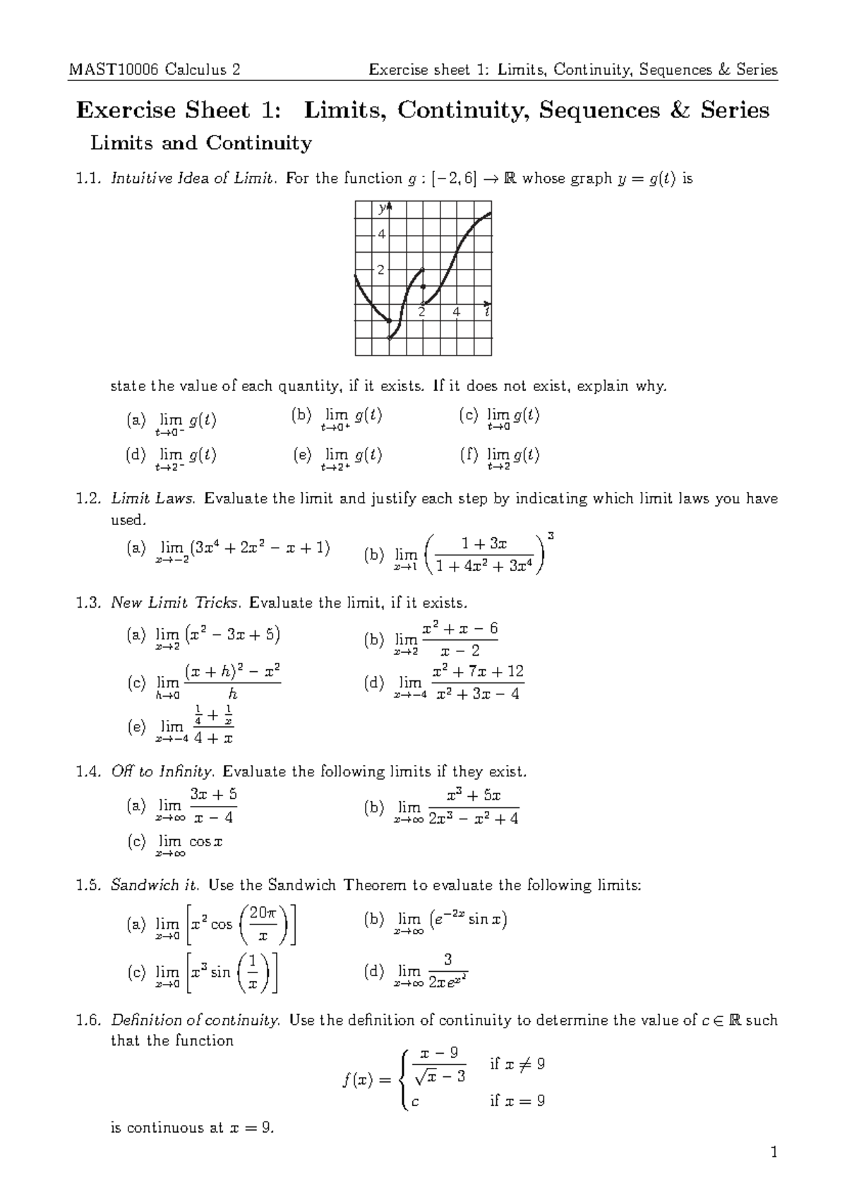Calculus 2 Exercise Sheet 1: Limits, Continuity, Sequences & Series ...