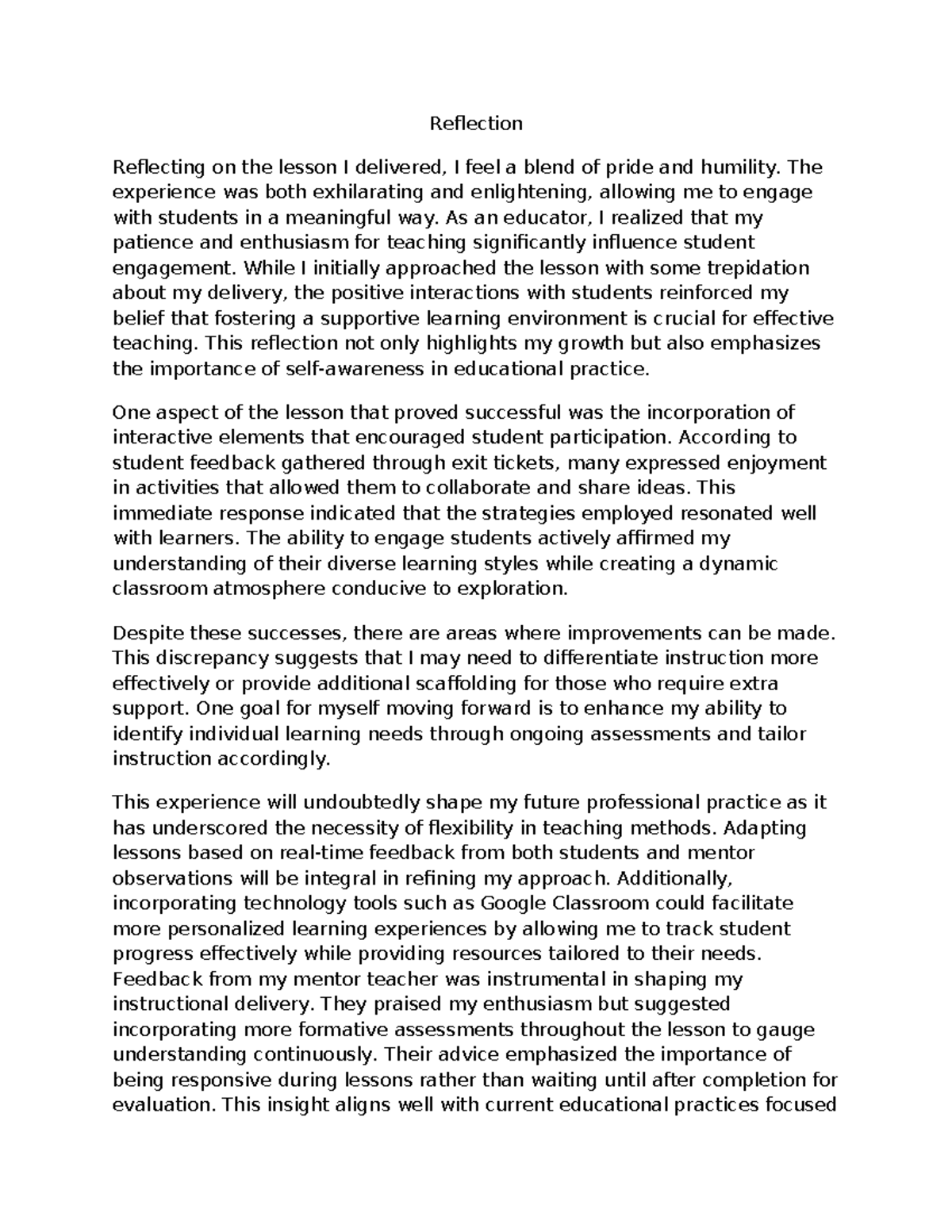 The work is not completed - Reflection Reflecting on the lesson I ...