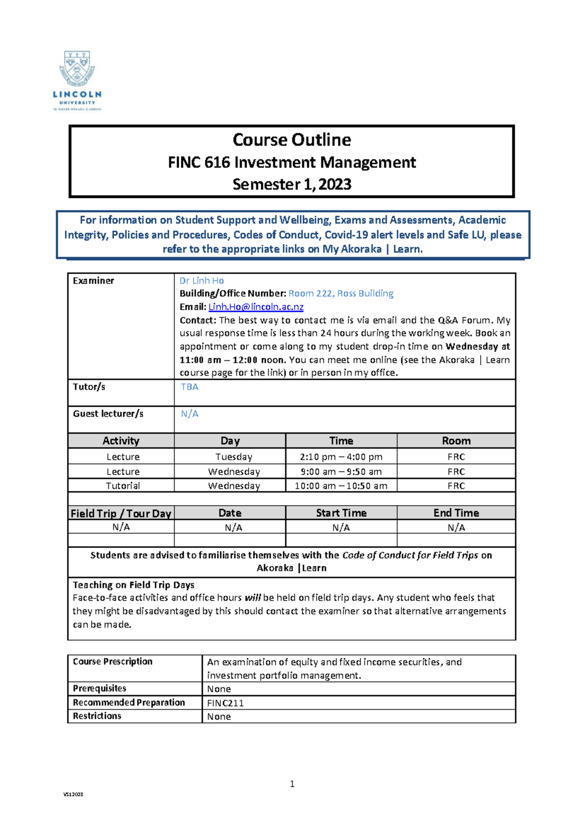 FINC616 Investment Management Course Outline - Semester 1, 2023 - Studocu