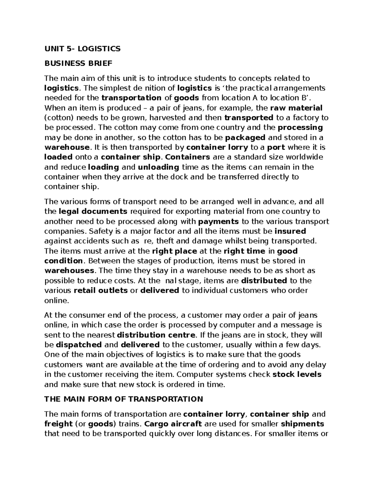 UNIT 5 - Logistics Concepts and Transportation Overview - Studocu