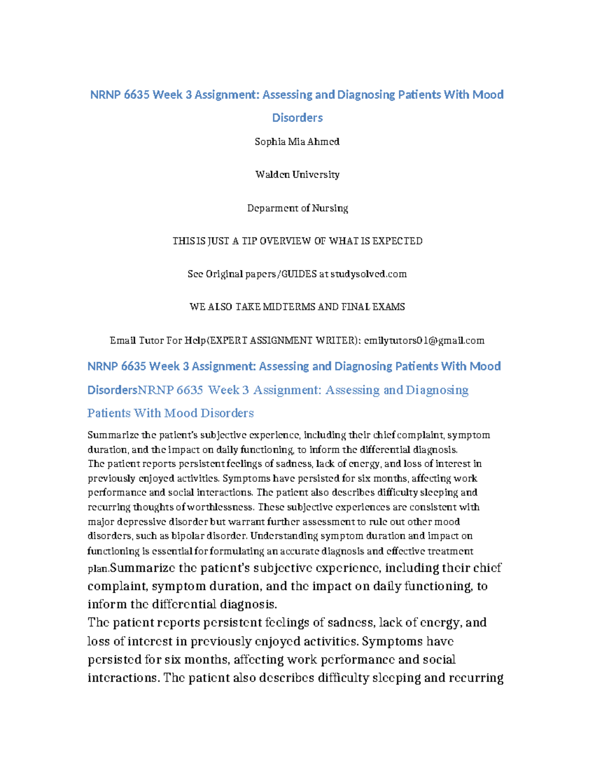 NRNP 6635 Week 3 Assignment Assessing and Diagnosing Patients With Mood ...