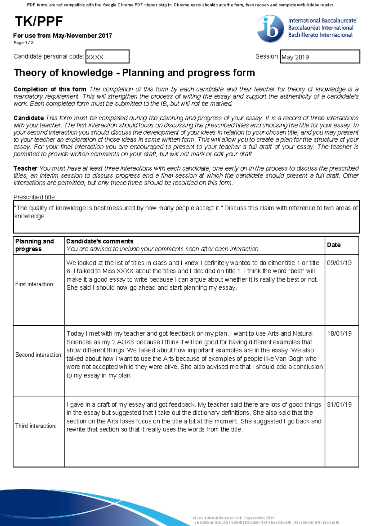 TK/PPF Form for Theory of Knowledge Essay Planning & Progress - Studocu