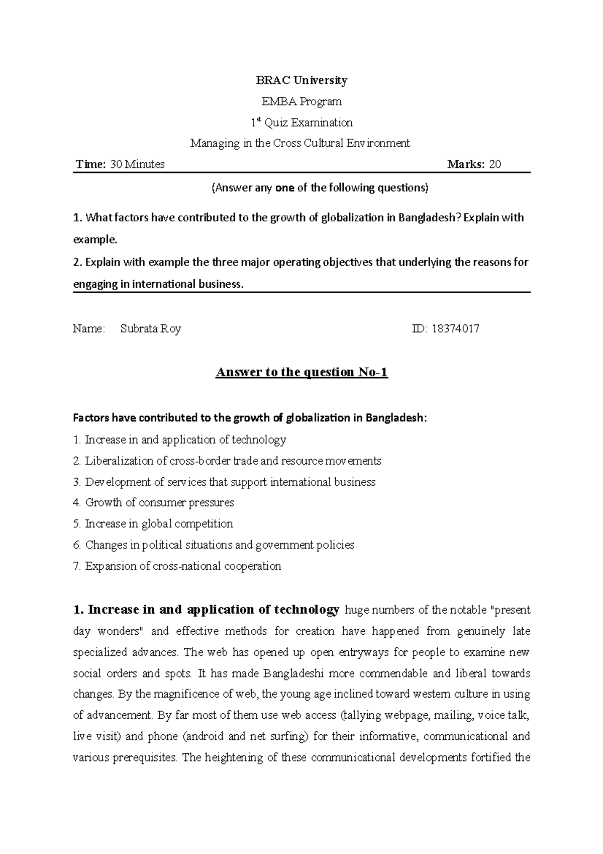 BRAC IB Q 1 - Cross Culture - BRAC University EMBA Program 1 st Quiz ...