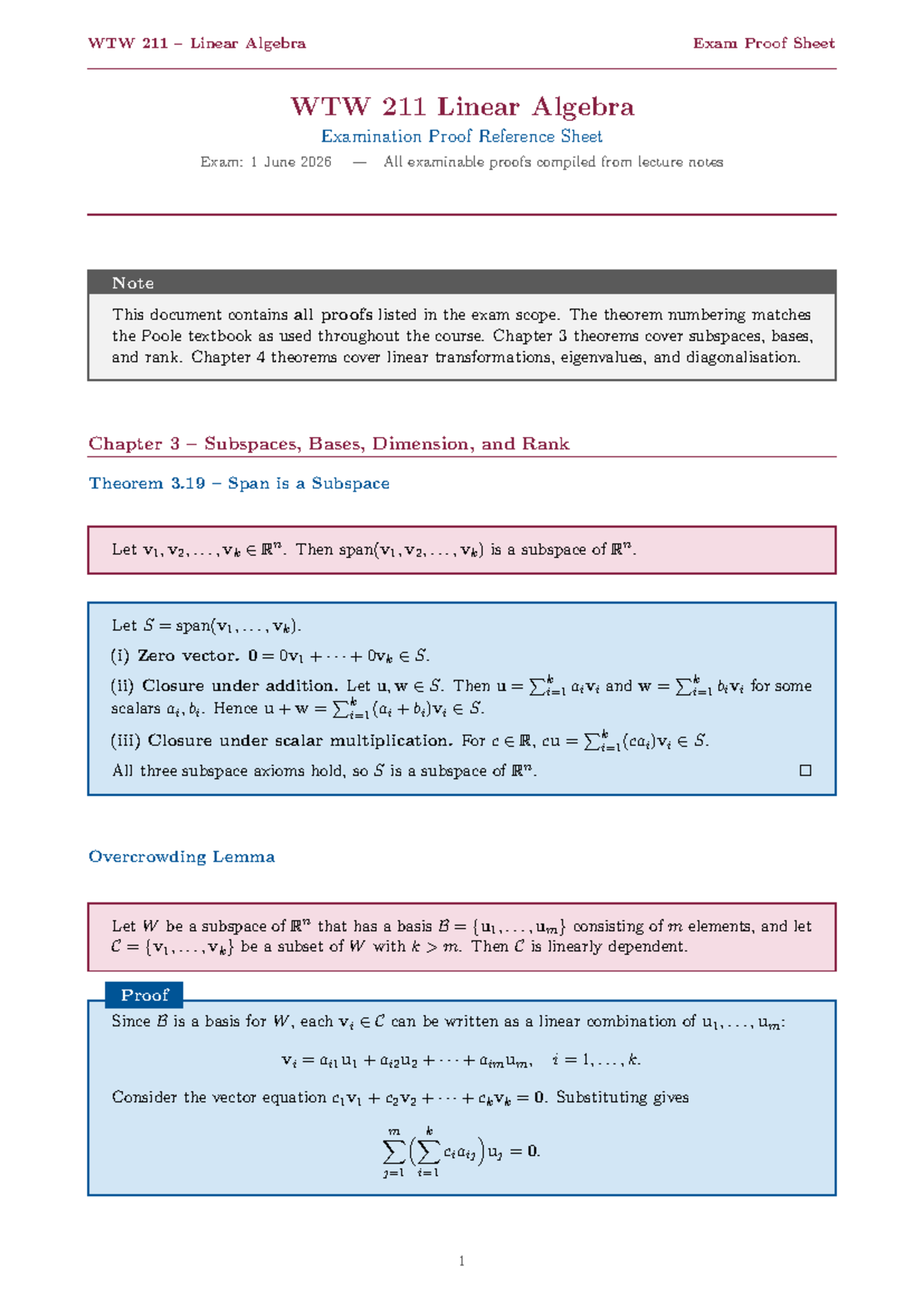 WTW 211 Linear Algebra Exam Proofs Compilation for June 2026 - Studocu